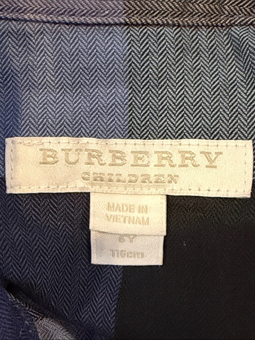 Burberry Children 6Y Blue Herringbone Plaid Button Down Shirt Roll Tab Sleeves